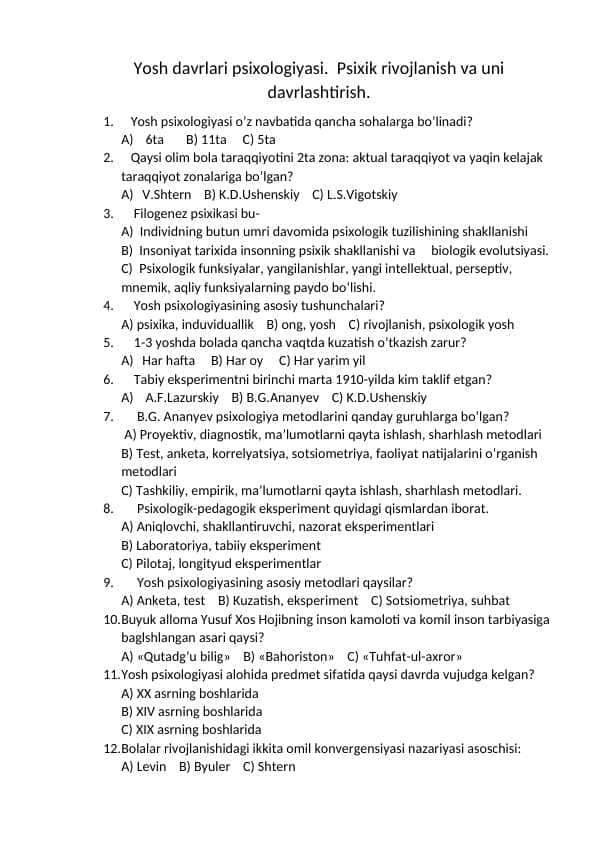 Yosh davrlari psixologiyasi. Psixik rivojlanish va uni davrlashtirish