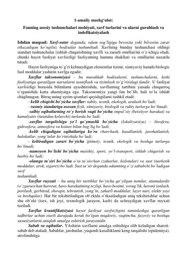 Xavf turlarini va ularni guruhlash va indefitsiyalash