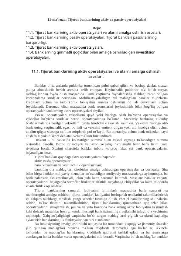 Tijorat banklarining aktiv va passiv operatsiyalari