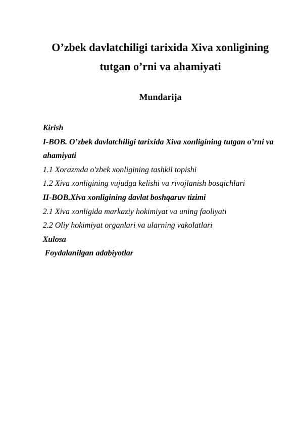 O’zbek davlatchiligi tarixida Xiva xonligining tutgan o’rni va ahamiyati
