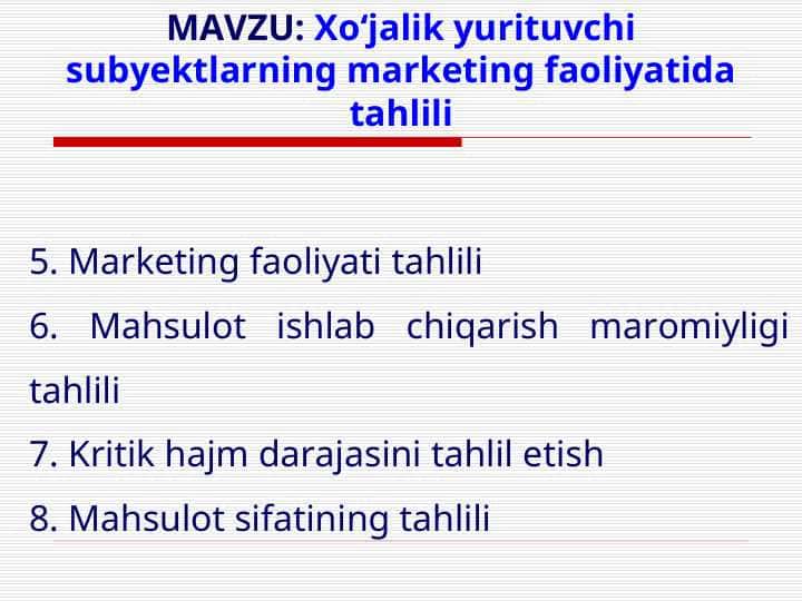 Xoʻjalik yurituvchi subyektlarning marketing faoliyatida tahlili pptx