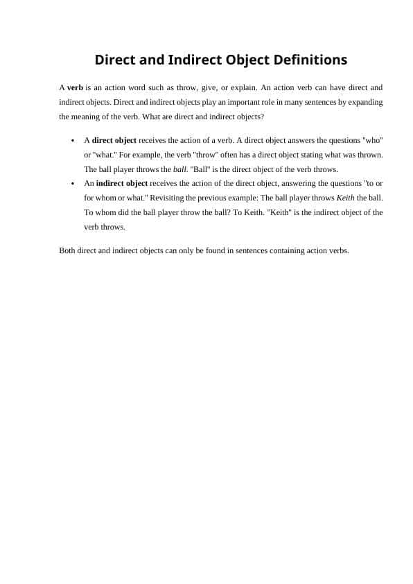 Direct and Indirect Object Definitions