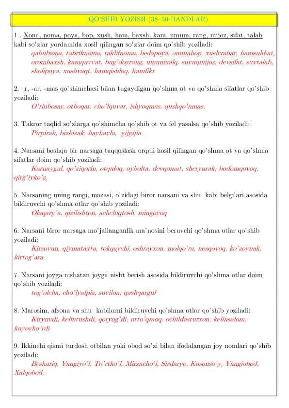 IMLO QOIDALARI. QO‘SHIB YOZISH. CHIZIQCHA BILAN YOZISH. AJRATIB YOZISH. BOSH HARFLAR IMLOSI.