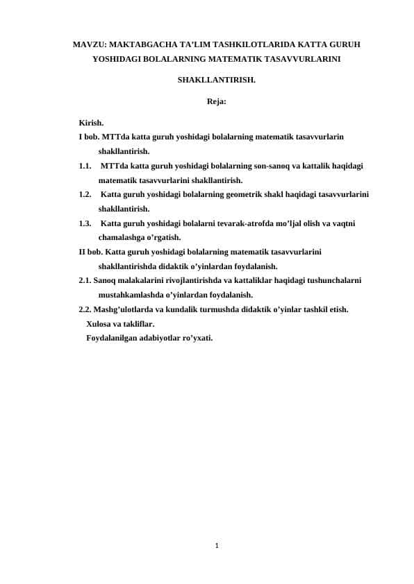 MAKTABGACHA TA’LIM TASHKILOTLARIDA KATTA GURUH YOSHIDAGI BOLALARNING MATEMATIK TASAVVURLARINI SHAKLLANTIRISH