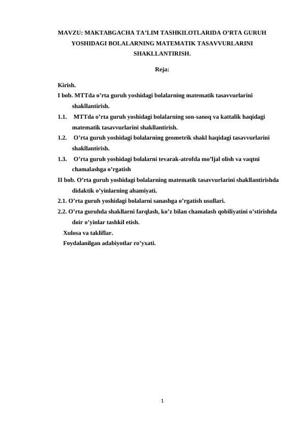 MAKTABGACHA TA’LIM TASHKILOTLARIDA O’RTA GURUH YOSHIDAGI BOLALARNING MATEMATIK TASAVVURLARINI SHAKLLANTIRISH