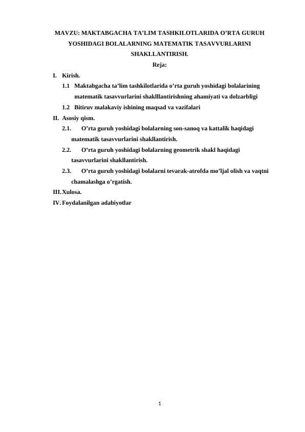 MAKTABGACHA TA’LIM TASHKILOTLARIDA O’RTA GURUH YOSHIDAGI BOLALARNING MATEMATIK TASAVVURLARINI SHAKLLANTIRISH