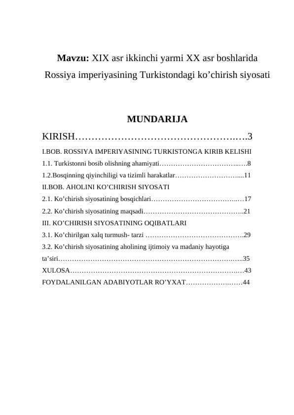 XIX asr ikkinchi yarmi XX asr boshlarida Rossiya imperiyasining Turkistondagi ko’chirish siyosati K.doc