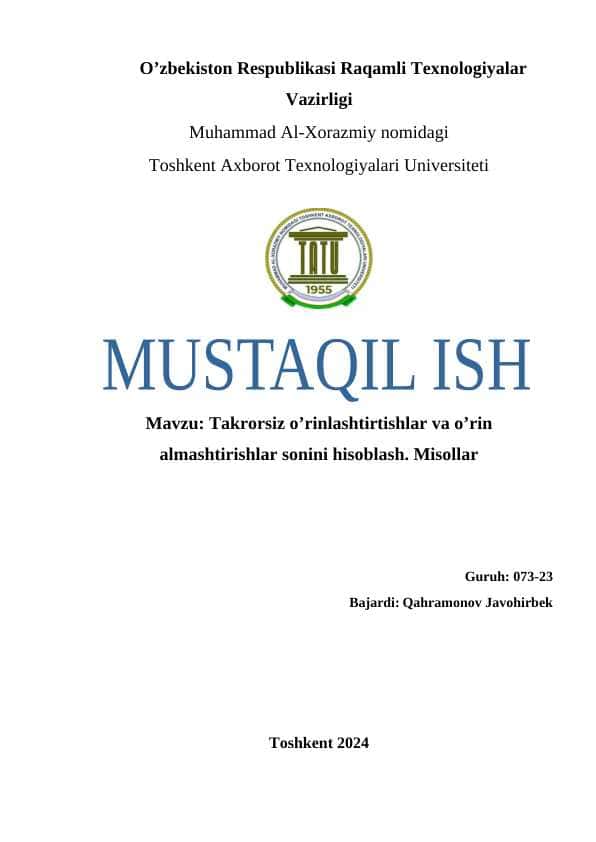 Takrorsiz o’rinlashtirtishlar va o’rin almashtirishlar sonini hisoblash. Misollar