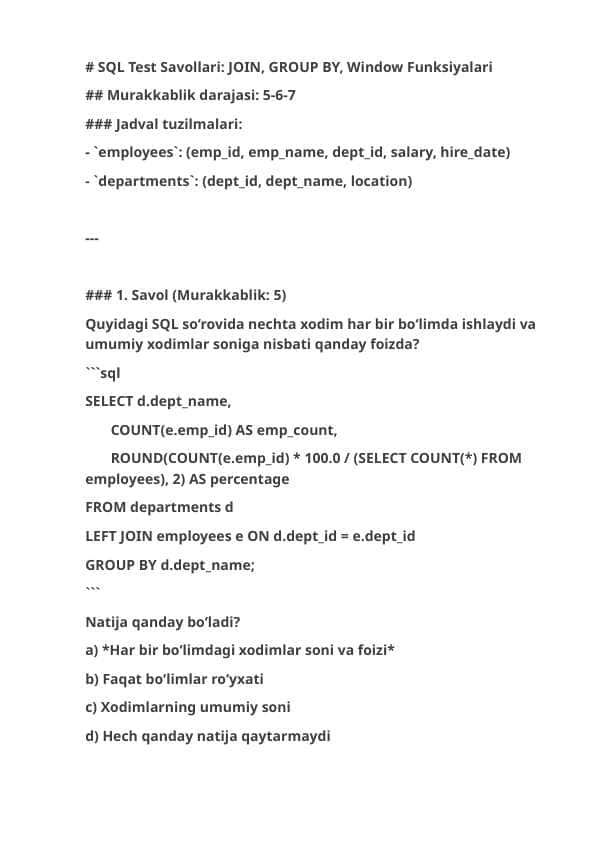 SQL Test Savollari: JOIN, GROUP BY, Window Funksiyalari | SQL Bilimingizni Sinang!
