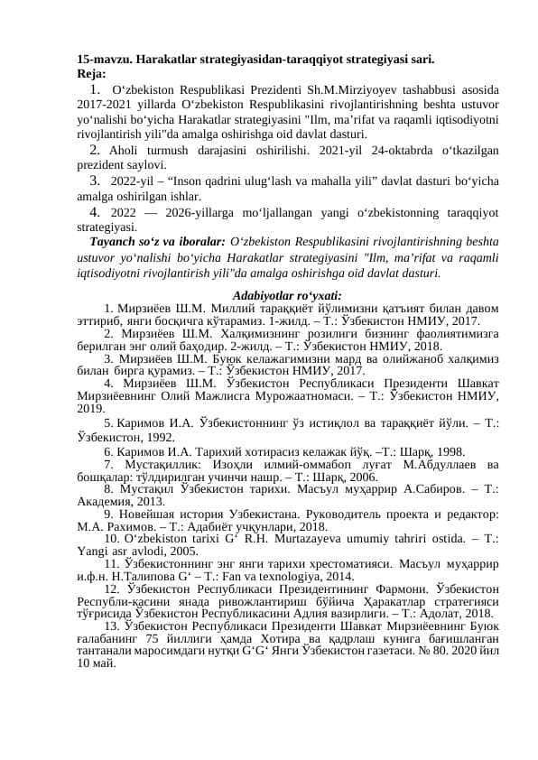 . Harakatlar strategiyasidan-taraqqiyot strategiyasi sari.