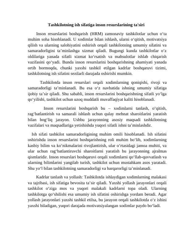 Tashkilotning ish sifatiga inson resurslarining ta'siri. IRB