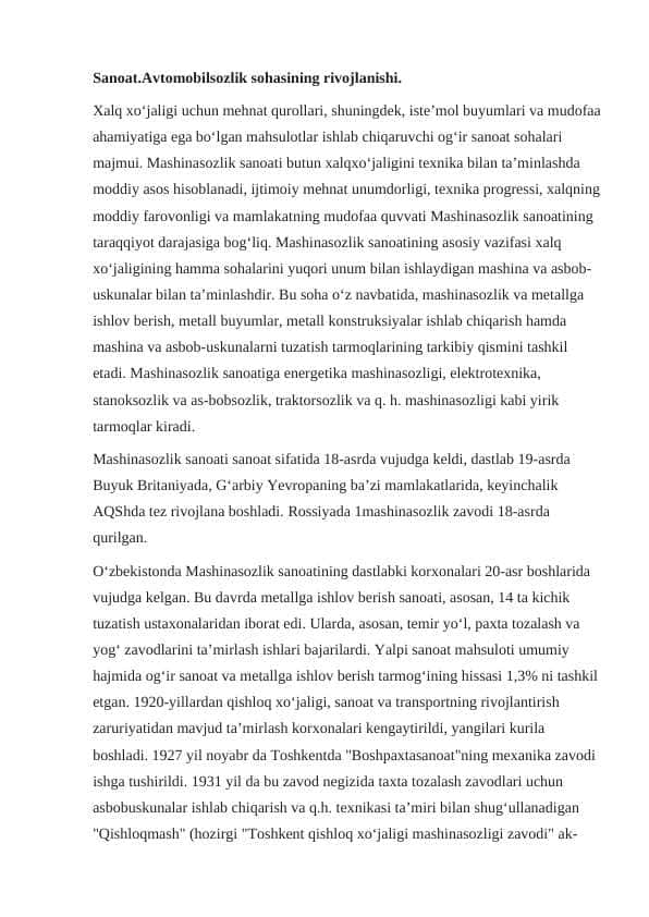 Sanoatda Avtomobilsozlikning Rivojlanish Tarixi va Zamonaviy Trendlar | Mustaqil Ish Uchun To'liq Qo'llanma