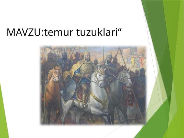 "Temur Tuzuklari: Amir Temur Qonunlari va Boshqaruv Prinsiplari" - 1-Kurs Talabalari uchun Tayyor Taqdimot | PPT Yuklab Olish