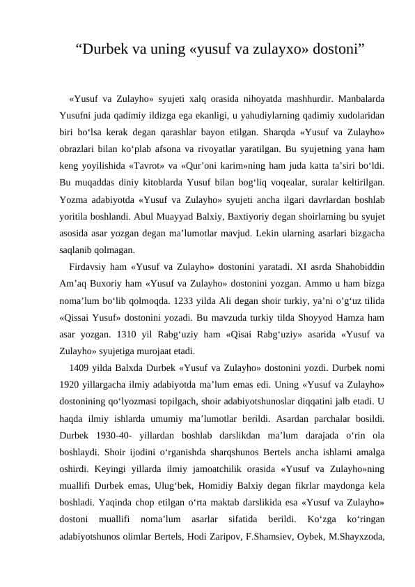 “Durbеk va uning «Yusuf va Zulayxo» dostoni"