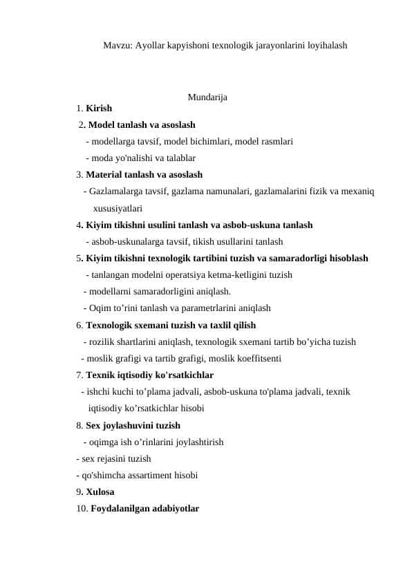 Ayollar kapyishoni texnologik jarayonlarini loyihalash