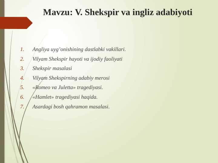 V. Shekspir va ingliz adabiyoti