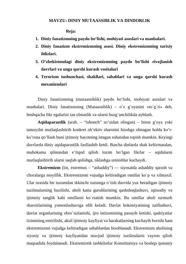 DINIY MUTAASSIBLIK VA DINDORLIK
