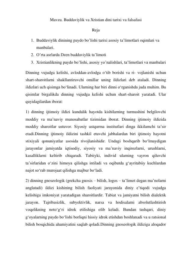Buddaviylik va Xristian dini tarixi va falsafasi