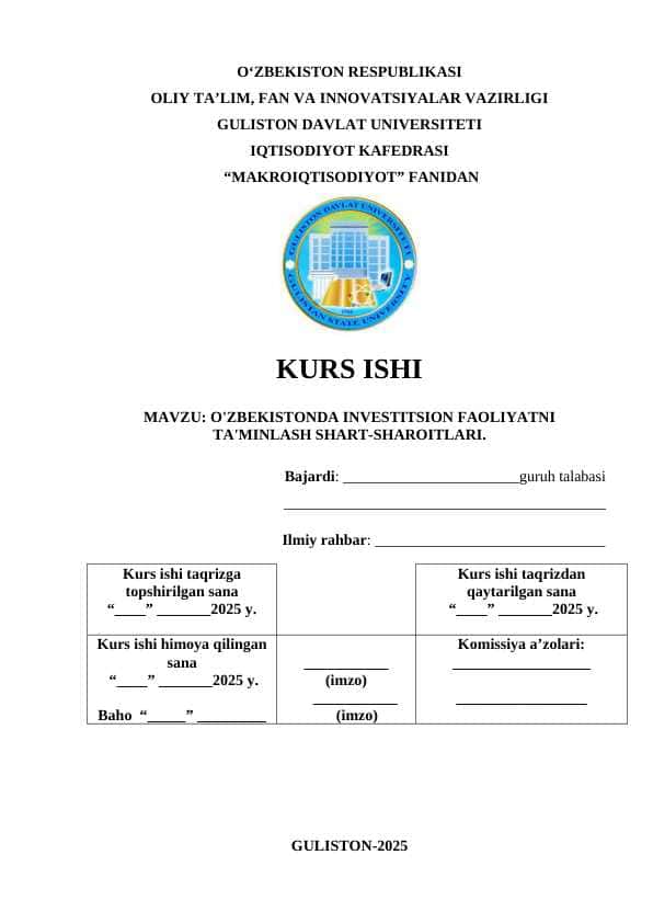 O'zbekistonda investitsion faoliyatni ta'minlash shart-sharoitlari