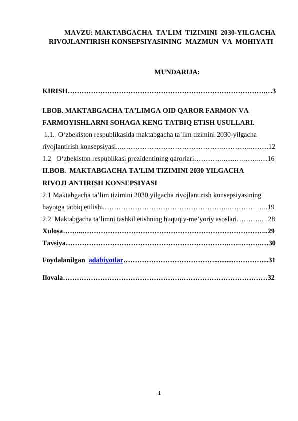 MAKTABGACHA TA’LIM TIZIMINI 2030-YILGACHA RIVOJLANTIRISH KONSEPSIYASINING MAZMUN VA MOHIYATI