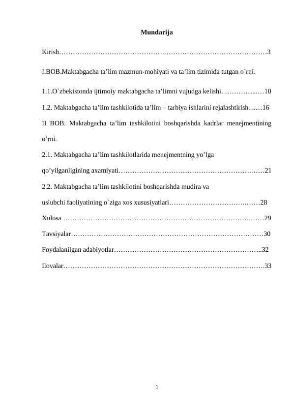 Maktabgacha ta’lim mazmun-mohiyati va ta’lim tizimida tutgan o`rni.