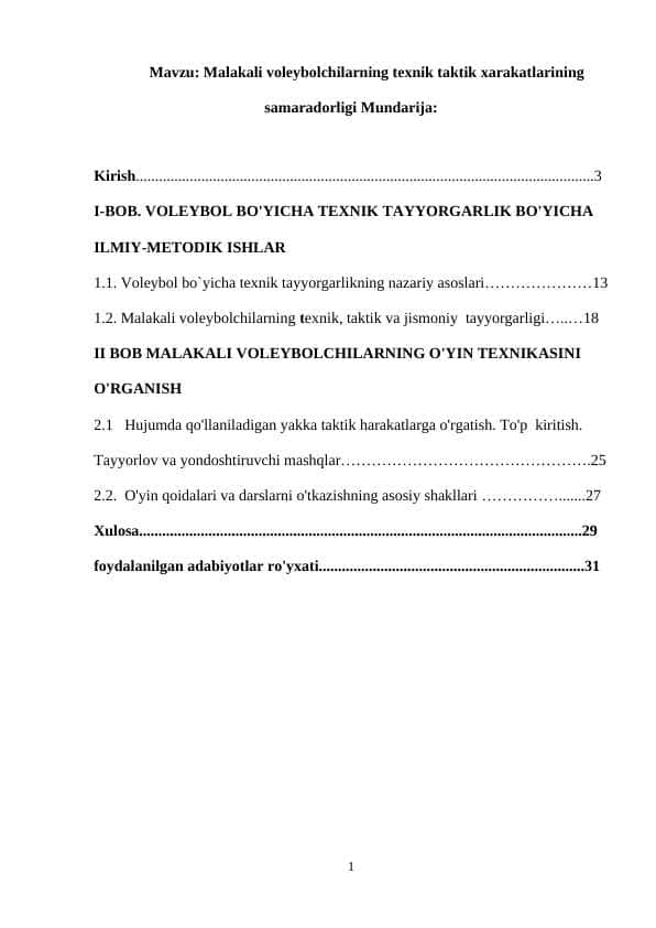 Malakali voleybolchilarning texnik taktik xarakatlarining samaradorligi