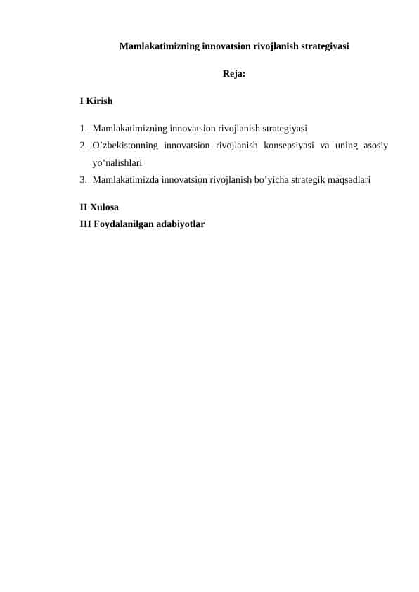 Mamlakatimizning innovatsion rivojlanish strategiyasi