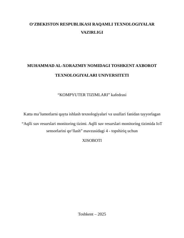 OMNeT++ dasturida Aqlli suv resurslari monitoring tizimi. Aqlli suv resurslari monitoring tizimida IoT sensorlarini qo‘llash”