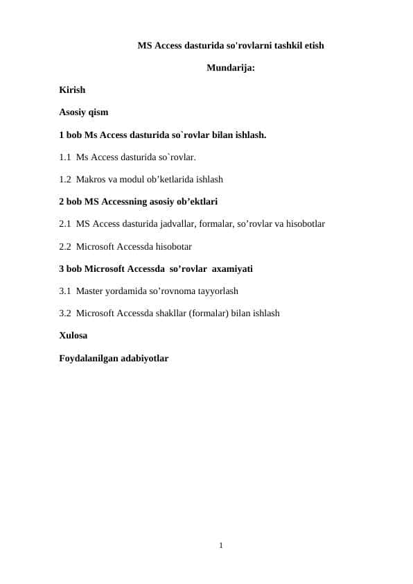MS Access dasturida so'rovlarni tashkil etish