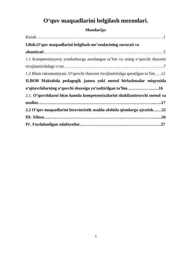 O‘quv maqsadlarini belgilash mezonlari