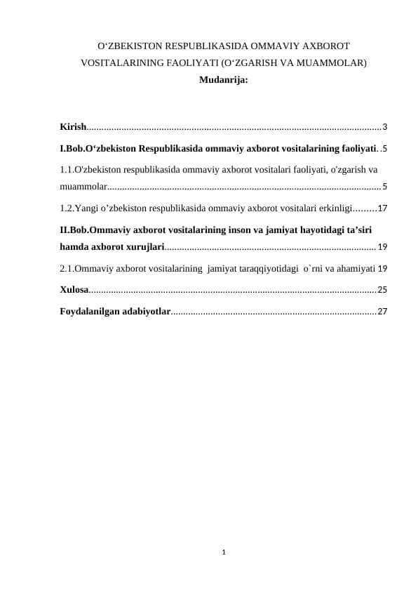 O‘ZBEKISTON RESPUBLIKASIDA OMMAVIY AXBOROT VOSITALARINING FAOLIYATI (O‘ZGARISH VA MUAMMOLAR)