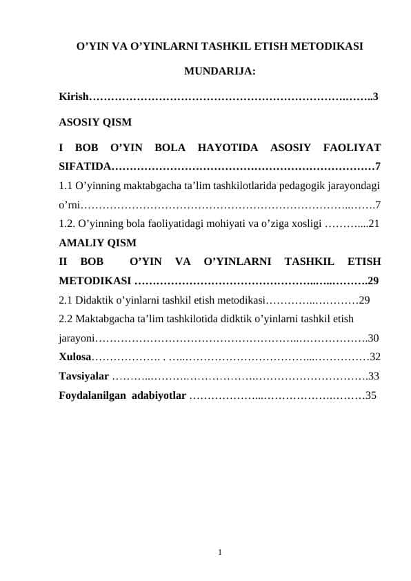 O’YIN VA O’YINLARNI TASHKIL ETISH METODIKASI