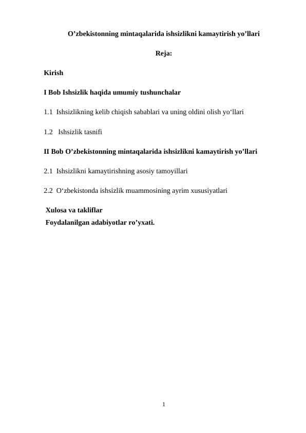 O’zbekistonning mintaqalarida ishsizlikni kamaytirish yo’llari