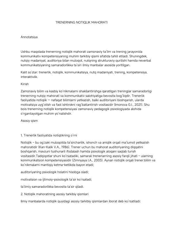 Trenerning notiqlik mahorati