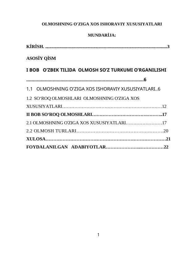 OLMOSHNING O'ZIGA XOS ISHORAVIY XUSUSIYATLARI