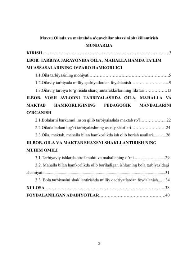 Oilada va maktabda o'quvchilar shaxsini shakillantirish