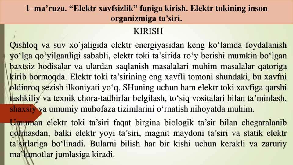 Elektr tokining inson organizmiga ta’siri.