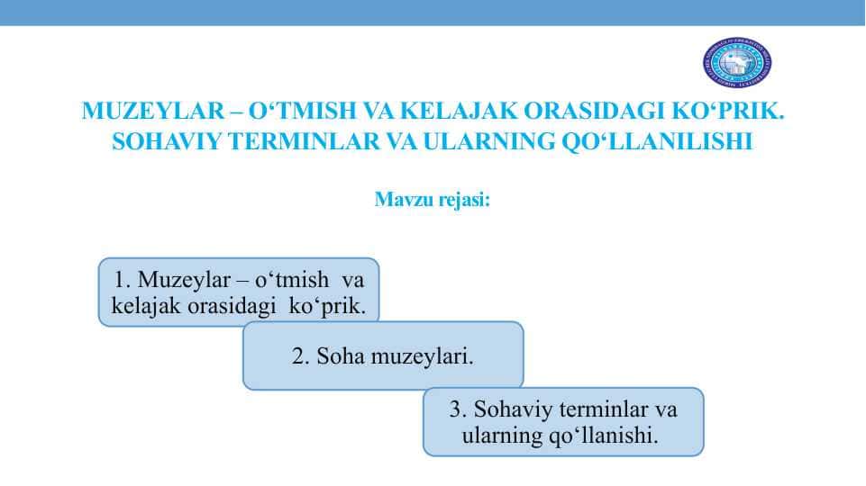 MUZEYLAR – O‘TMISH VA KELAJAK ORASIDAGI KO‘PRIK. SOHAVIY TERMINLAR VA ULARNING QO‘LLANILISHI