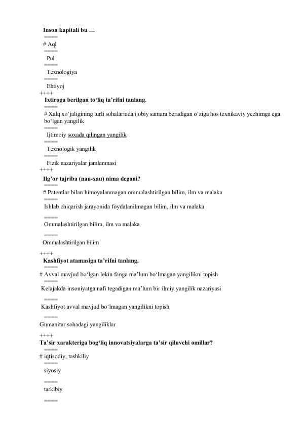 Iqtisodiyot fanidan test savollari va javoblari