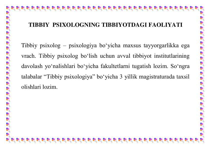 TIBBIY PSIXOLOGNING TIBBIYOTDAGI FAOLIYATI