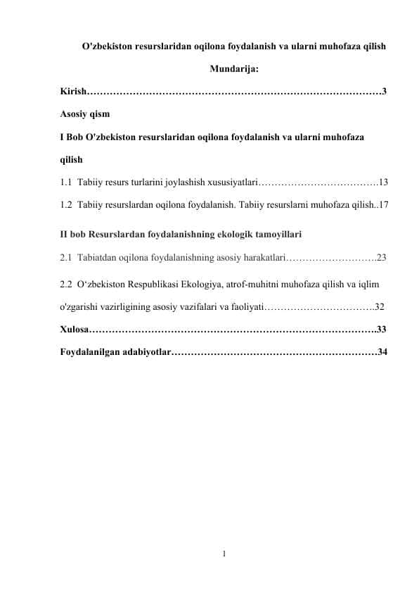 O'zbekiston resurslaridan oqilona foydalanish va ularni muhofaza qilish