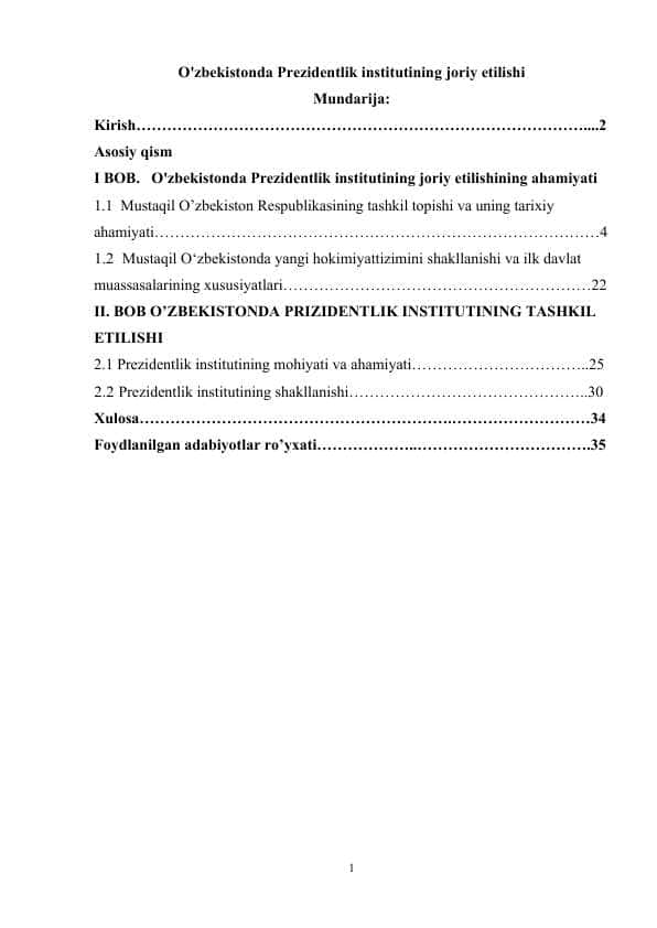 O'zbekistonda Prezidentlik institutining joriy etilishi