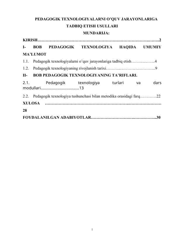 PEDAGOGIK TEXNOLOGIYALARNI O’QUV JARAYONLARIGA TADBIQ ETISH USULLARI