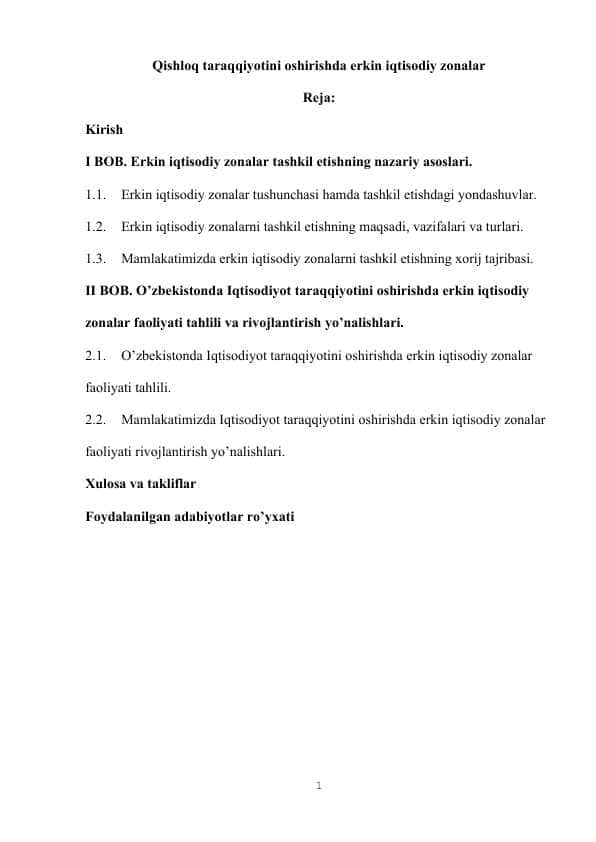 Qishloq taraqqiyotini oshirishda erkin iqtisodiy zonalar
