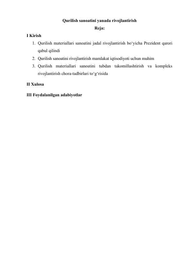 Qurilish sanoatini yanada rivojlantirish
