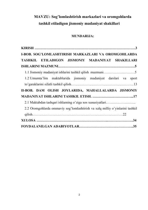 Sog’lomlashtirish markazlari va oromgohlarda tashkil etiladigon jismoniy madaniyat shakillari