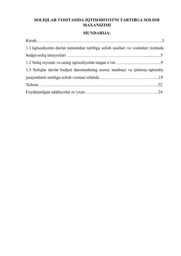 SOLIQLAR VOSITASIDA IQTISODIYOTNI TARTIBGA SOLISH MAXANIZIMI