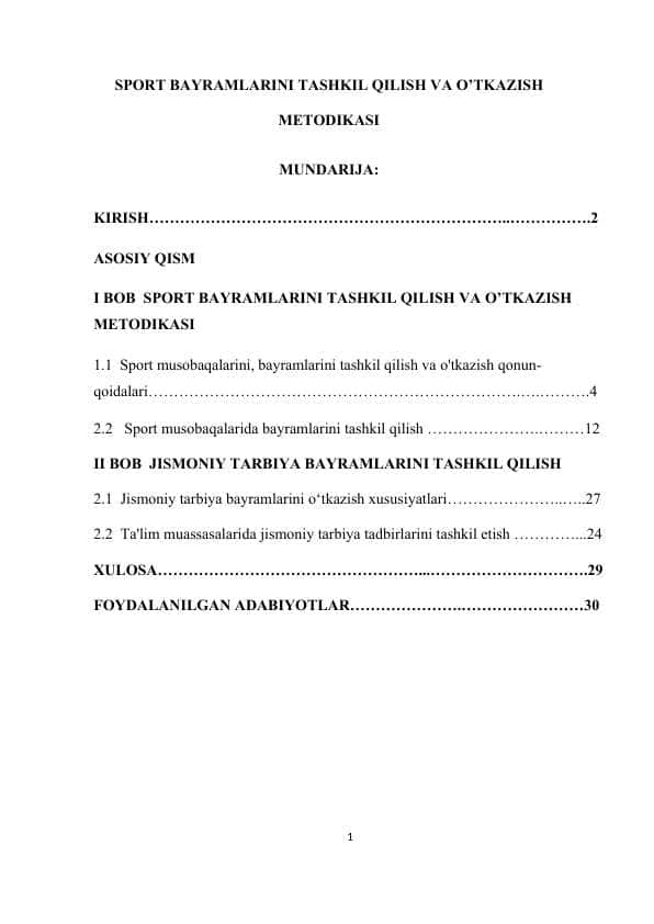 Sport bayramlarini tashkil qilish va ótkazish metodikasi