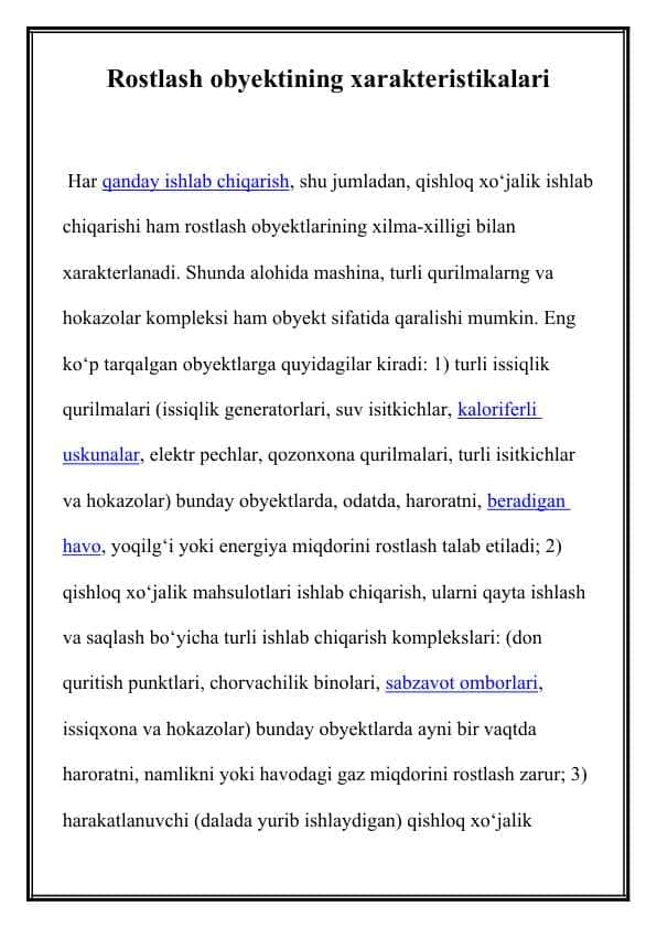Rostlash obyektining xarakteristikalari