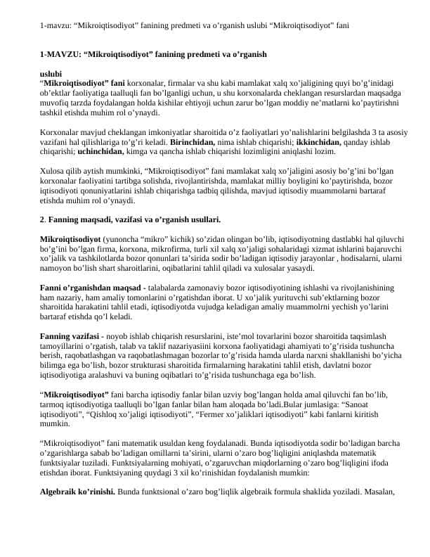 "Mikroiqtisodiyot Fanining Predmeti va Oʻrganish Usullari" - 1-Kurs Talabalari uchun Tayyor Referat | Iqtisodiyot Asoslari